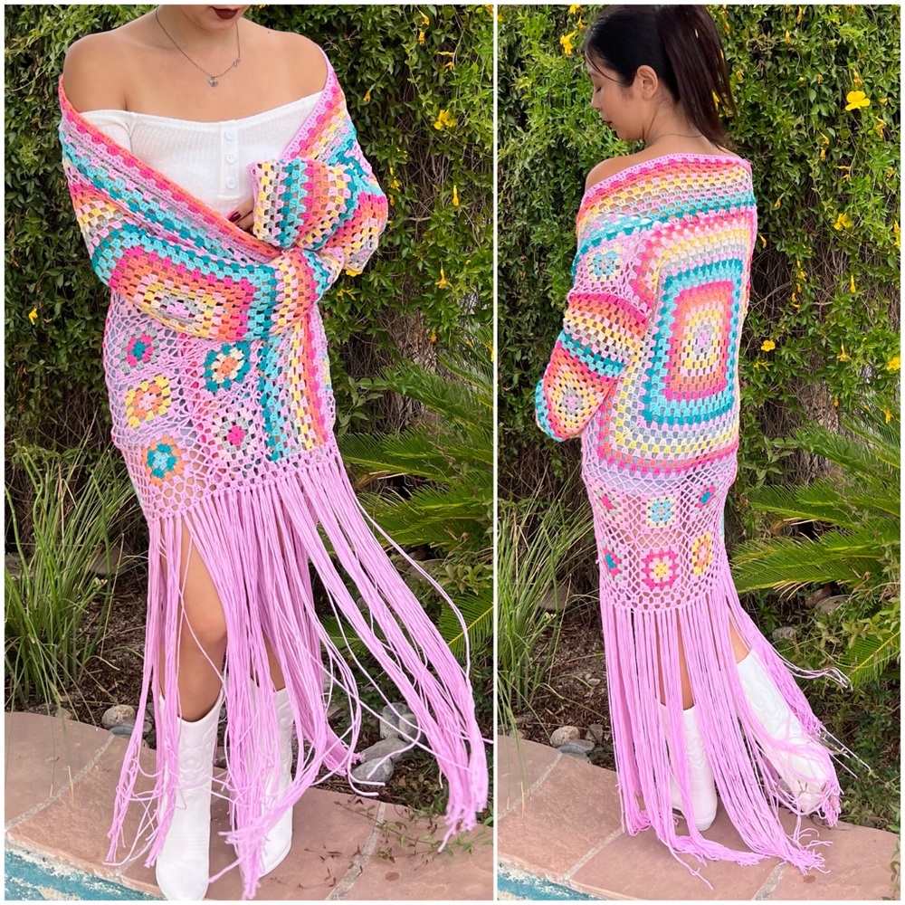 NEW LAVENDER GRANNY CROCHET TASSEL RAINBOW CARDIGAN